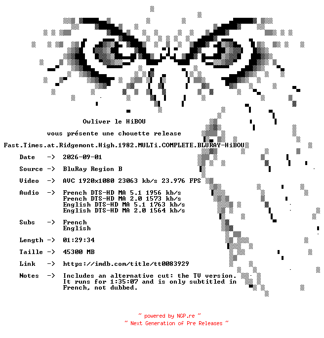 NFO for the release Fast.Times.at.Ridgemont.High.1982.MULTi.COMPLETE.BLURAY-HiBOU by HiBOU