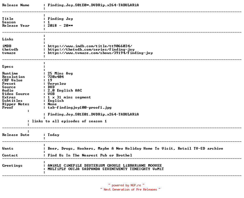 NFO for the release Finding.Joy.S01E03.DVDRip.x264-TABULARiA by TABULARiA