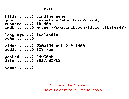 NFO for the release Finding.Nemo.2003.iCELANDiC.BDRip.x264-PiER by PiER