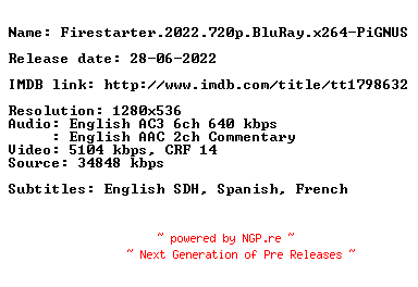 NFO for the release Firestarter.2022.720p.BluRay.x264-PiGNUS by PiGNUS