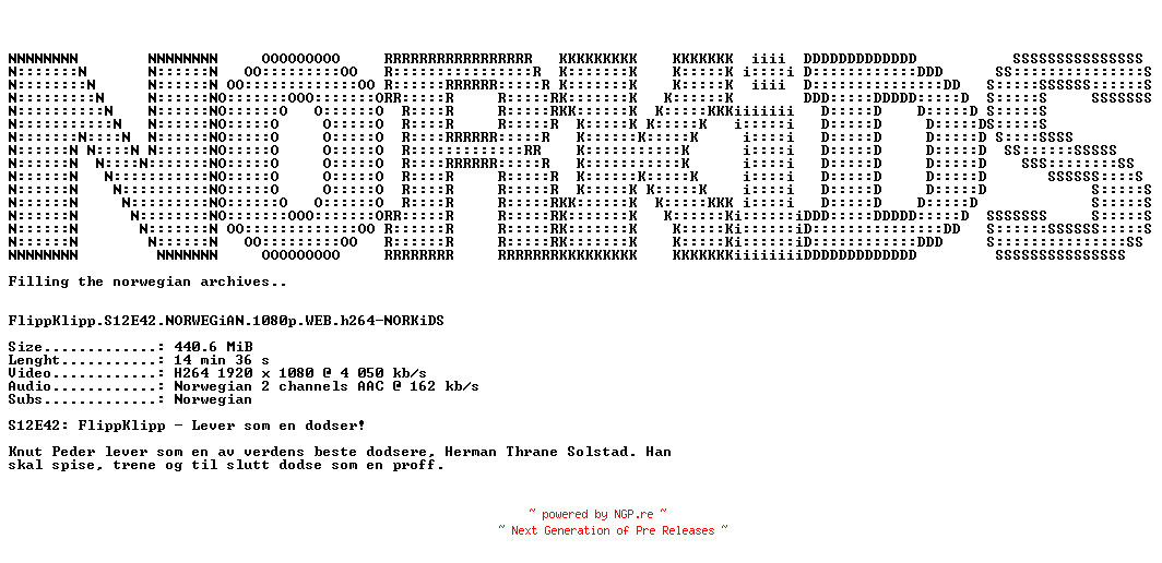 NFO for the release FlippKlipp.S12E42.NORWEGiAN.1080p.WEB.h264-NORKiDS by NORKiDS