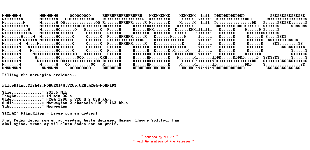 NFO for the release FlippKlipp.S12E42.NORWEGiAN.720p.WEB.h264-NORKiDS by NORKiDS