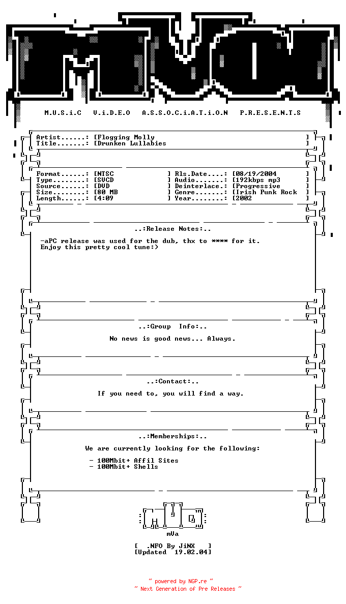 NFO for the release Flogging_molly-drunken_lullabies-dvdrip-svcd-2002-mVa by mVa