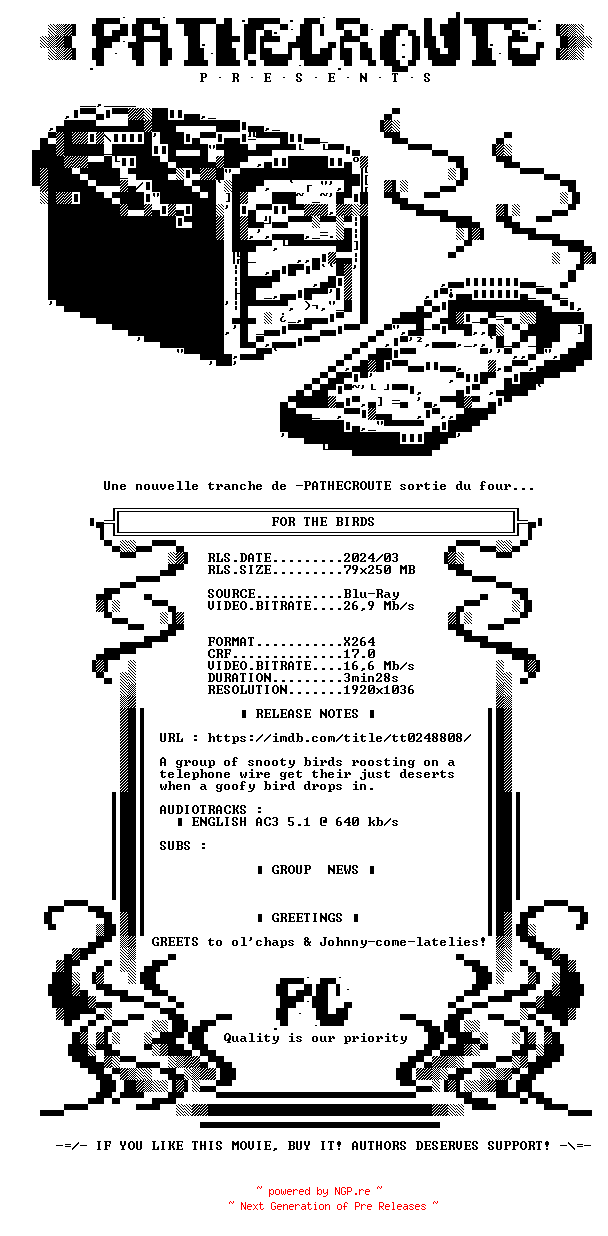 NFO for the release For.The.Birds.2000.1080.BluRay.x264-PATHECROUTE by PATHECROUTE