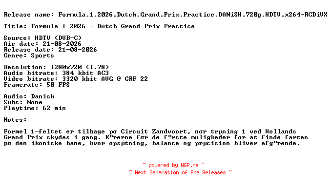 NFO for the release Formula.1.2026.Dutch.Grand.Prix.Practice.DANiSH.720p.HDTV.x264-RCDiVX by RCDiVX