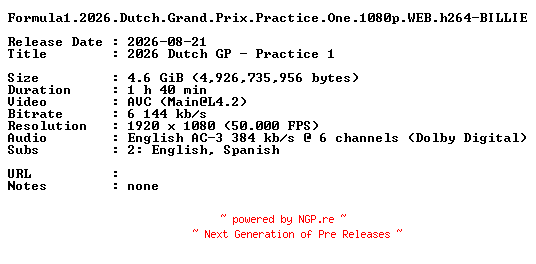 NFO for the release Formula1.2026.Dutch.Grand.Prix.Practice.One.1080p.WEB.h264-BILLIE by BILLIE