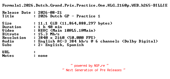 NFO for the release Formula1.2026.Dutch.Grand.Prix.Practice.One.HLG.2160p.WEB.h265-BILLIE by BILLIE