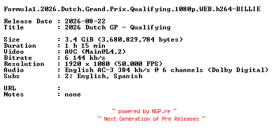 NFO for the release Formula1.2026.Dutch.Grand.Prix.Qualifying.1080p.WEB.h264-BILLIE by BILLIE