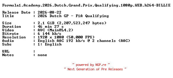 NFO for the release Formula1.Academy.2026.Dutch.Grand.Prix.Qualifying.1080p.WEB.h264-BILLIE by BILLIE