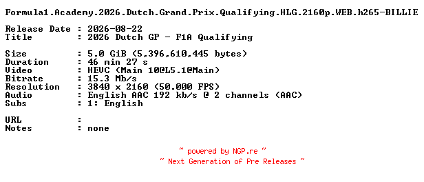 NFO for the release Formula1.Academy.2026.Dutch.Grand.Prix.Qualifying.HLG.2160p.WEB.h265-BILLIE by BILLIE