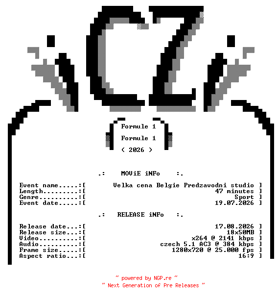 NFO for the release Formule.1.2026.07.19.Velka.cena.Belgie.Predzavodni.studio.CZECH.720p.HDTV.x264-iCZi by iCZi