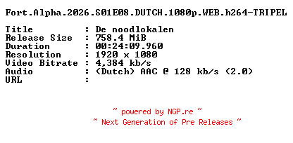 NFO for the release Fort.Alpha.2026.S01E08.DUTCH.1080p.WEB.h264-TRIPEL by TRIPEL