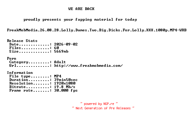 NFO for the release FreakMobMedia.26.08.28.Lolly.Dames.Two.Big.Dicks.For.Lolly.XXX.1080p.MP4-WRB by WRB