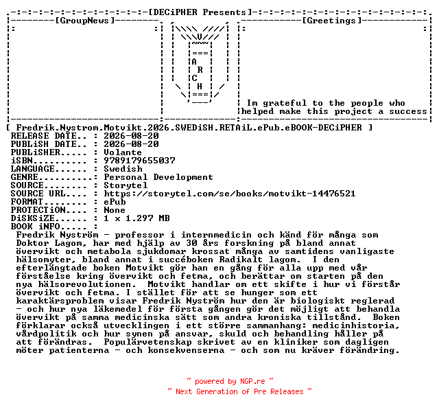 NFO for the release Fredrik.Nystrom.Motvikt.2026.SWEDiSH.RETAiL.ePub.eBOOK-DECiPHER by DECiPHER