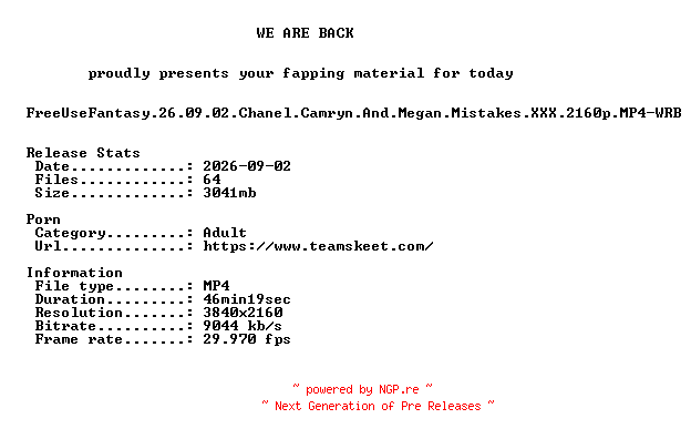 NFO for the release FreeUseFantasy.26.09.02.Chanel.Camryn.And.Megan.Mistakes.XXX.2160p.MP4-WRB by WRB