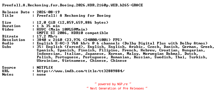 NFO for the release Freefall.A.Reckoning.for.Boeing.2026.HDR.2160p.WEB.h265-GRACE by GRACE