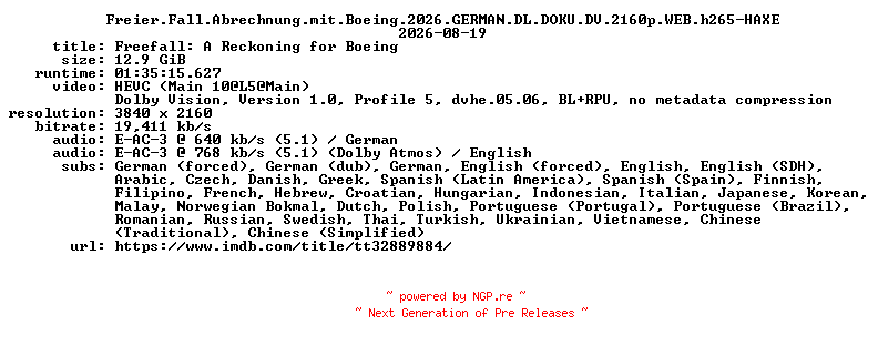NFO for the release Freier.Fall.Abrechnung.mit.Boeing.2026.GERMAN.DL.DOKU.DV.2160p.WEB.h265-HAXE by HAXE