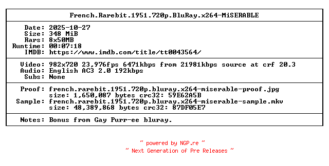 NFO for the release French.Rarebit.1951.720p.BluRay.x264-MiSERABLE by MiSERABLE