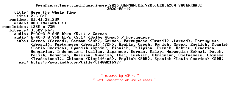 NFO for the release Fuenfzehn.Tage.sind.fuer.immer.2026.GERMAN.DL.720p.WEB.h264-SAUERKRAUT by SAUERKRAUT