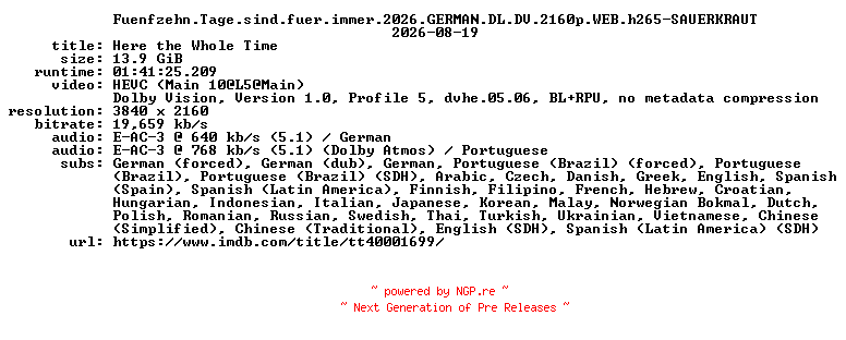 NFO for the release Fuenfzehn.Tage.sind.fuer.immer.2026.GERMAN.DL.DV.2160p.WEB.h265-SAUERKRAUT by SAUERKRAUT
