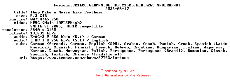 NFO for the release Furious.S01E06.GERMAN.DL.HDR.2160p.WEB.h265-SAUERKRAUT by SAUERKRAUT