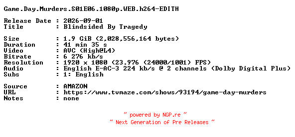 NFO for the release Game.Day.Murders.S01E06.1080p.WEB.h264-EDITH by EDITH