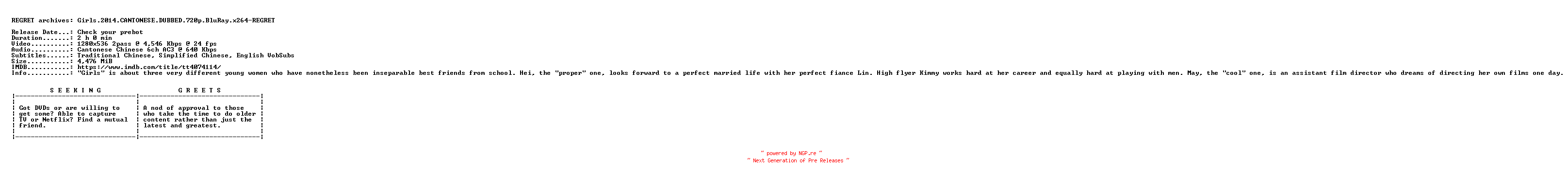 NFO for the release Girls.2014.CANTONESE.DUBBED.720p.BluRay.x264-REGRET by REGRET