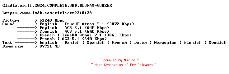NFO for the release Gladiator.II.2024.COMPLETE.UHD.BLURAY-GUHZER by GUHZER