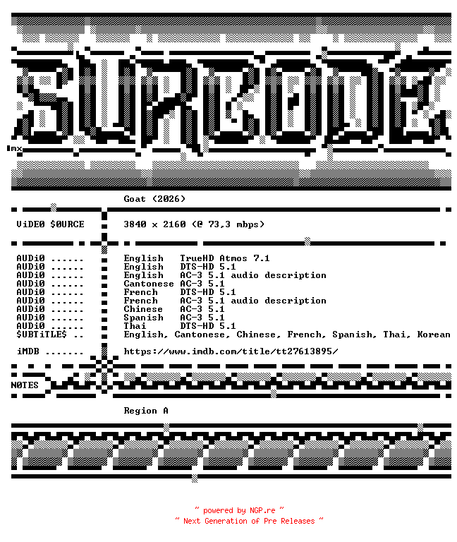 NFO for the release Goat.2026.COMPLETE.UHD.BLURAY-SURCODE by SURCODE