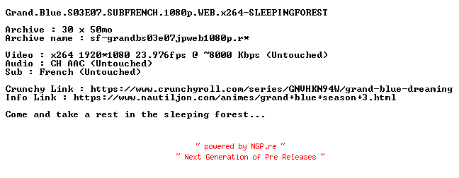 NFO for the release Grand.Blue.S03E07.SUBFRENCH.1080p.WEB.x264-SLEEPINGFOREST by SLEEPINGFOREST