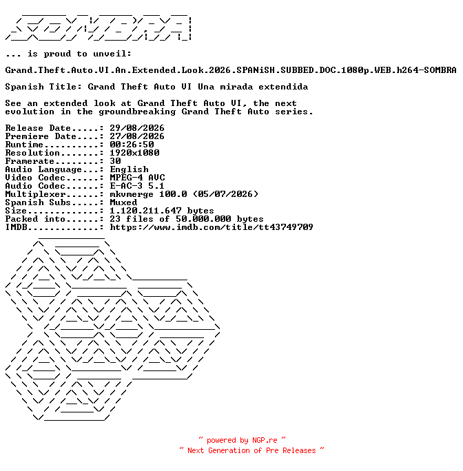NFO for the release Grand.Theft.Auto.VI.An.Extended.Look.2026.SPANiSH.SUBBED.DOC.1080p.WEB.h264-SOMBRA by SOMBRA