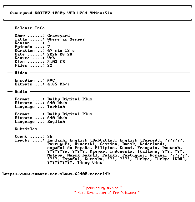 NFO for the release Graveyard.S03E07.1080p.WEB.H264-9Minus5in by 9Minus5in
