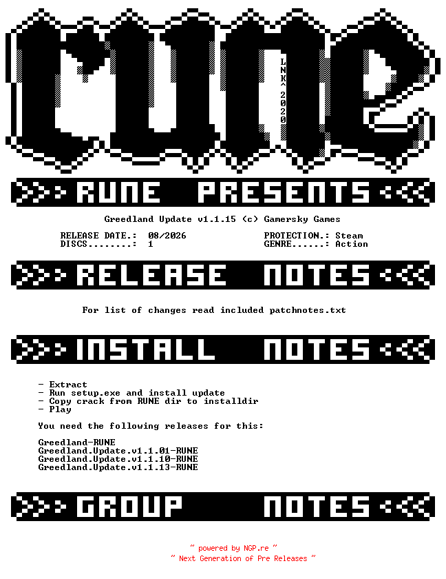 NFO for the release Greedland.Update.v1.1.15-RUNE by RUNE