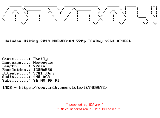 NFO for the release Halvdan.Viking.2018.NORWEGiAN.720p.BluRay.x264-APVRAL by APVRAL