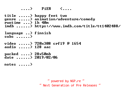 NFO for the release Happy.Feet.Two.2011.iNTERNAL.FiNNiSH.BDRip.x264-PiER by PiER