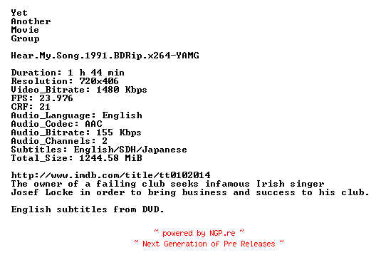 NFO for the release Hear.My.Song.1991.BDRip.x264-YAMG by YAMG