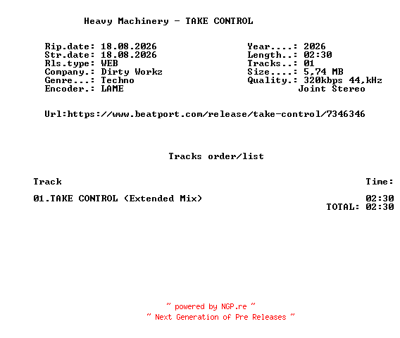NFO for the release Heavy_Machinery_-_TAKE_CONTROL-(DWX2194)-SINGLE-WEB-2026-FMC by FMC