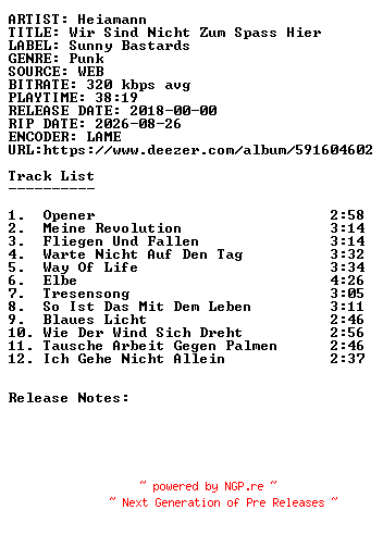 NFO for the release Heiamann-Wir_Sind_Nicht_Zum_Spass_Hier-WEB-DE-2018-SDR by SDR