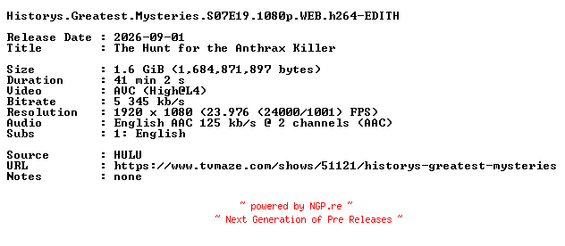 NFO for the release Historys.Greatest.Mysteries.S07E19.1080p.WEB.h264-EDITH by EDITH