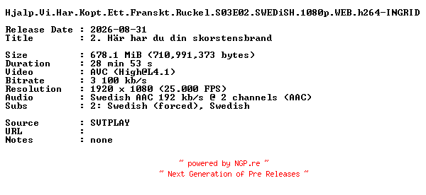 NFO for the release Hjalp.Vi.Har.Kopt.Ett.Franskt.Ruckel.S03E02.SWEDiSH.1080p.WEB.h264-INGRID by INGRID