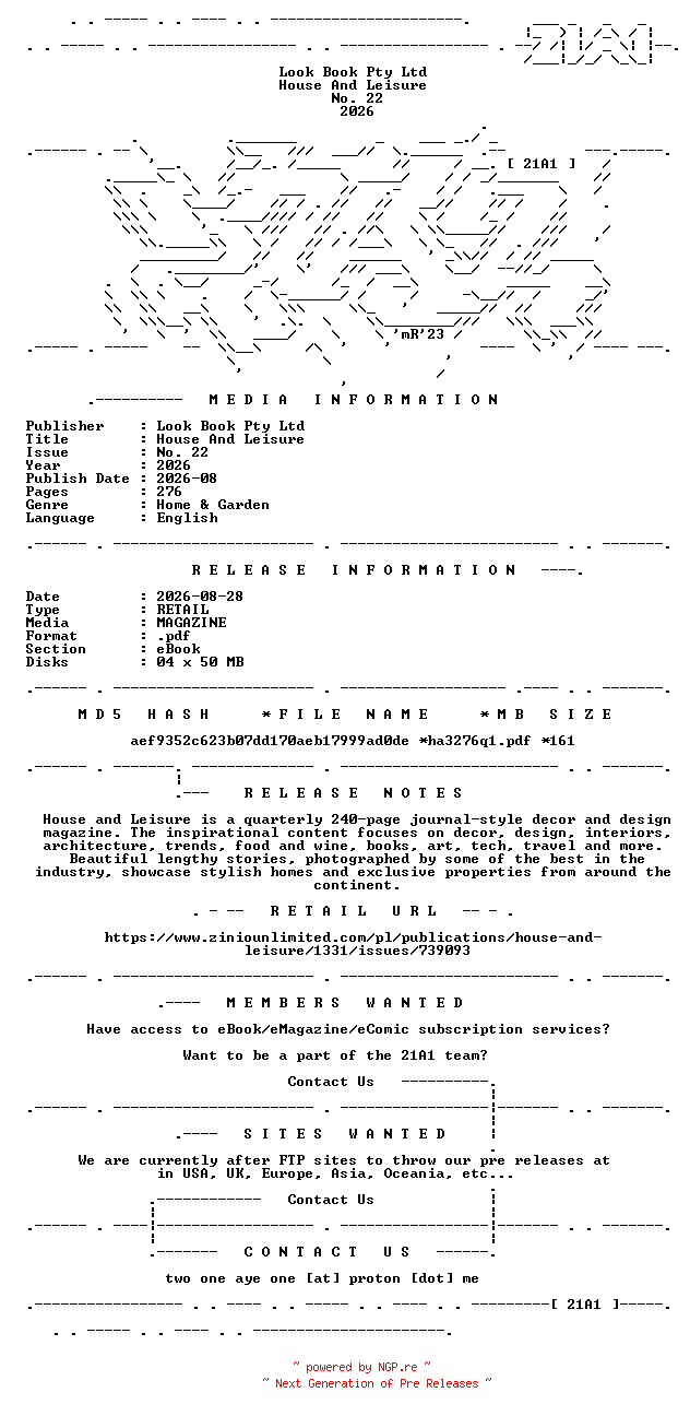 NFO for the release House.And.Leisure.No.22.2026.RETAIL.MAGAZINE.eBook-21A1 by 21A1