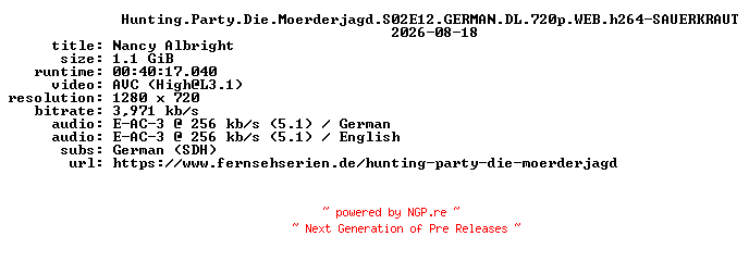 NFO for the release Hunting.Party.Die.Moerderjagd.S02E12.GERMAN.DL.720p.WEB.h264-SAUERKRAUT by SAUERKRAUT