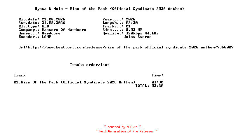 NFO for the release Hysta_And_Nolz_-_Rise_Of_The_Pack_(Official_Syndicate_2026_Anthem)-(MOHDIGI590)-SINGLE-WEB-2026-FMC by FMC