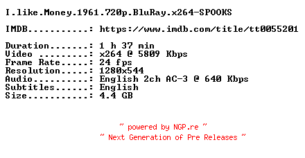 NFO for the release I.like.Money.1961.720p.BluRay.x264-SPOOKS by SPOOKS