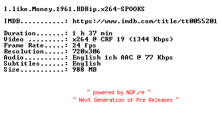 NFO for the release I.like.Money.1961.BDRip.x264-SPOOKS by SPOOKS
