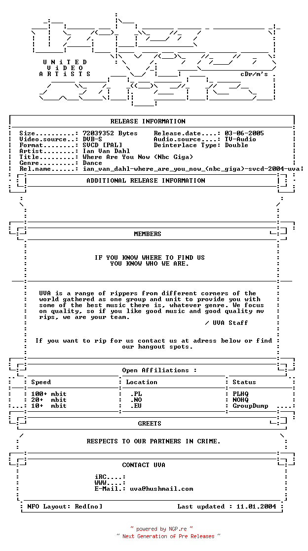 NFO for the release Ian_van_dahl-where_are_you_now_(nbc_giga)-svcd-2004-uva by uva