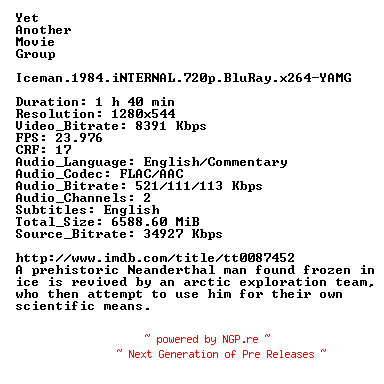 NFO for the release Iceman.1984.iNTERNAL.720p.BluRay.x264-YAMG by YAMG