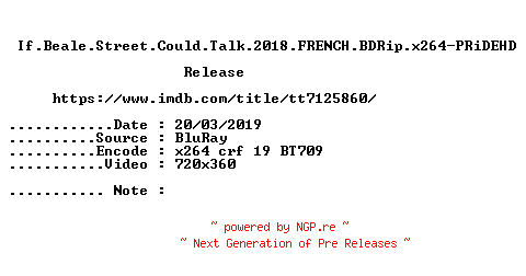 NFO for the release If.Beale.Street.Could.Talk.2018.FRENCH.BDRip.x264-PRiDEHD by PRiDEHD
