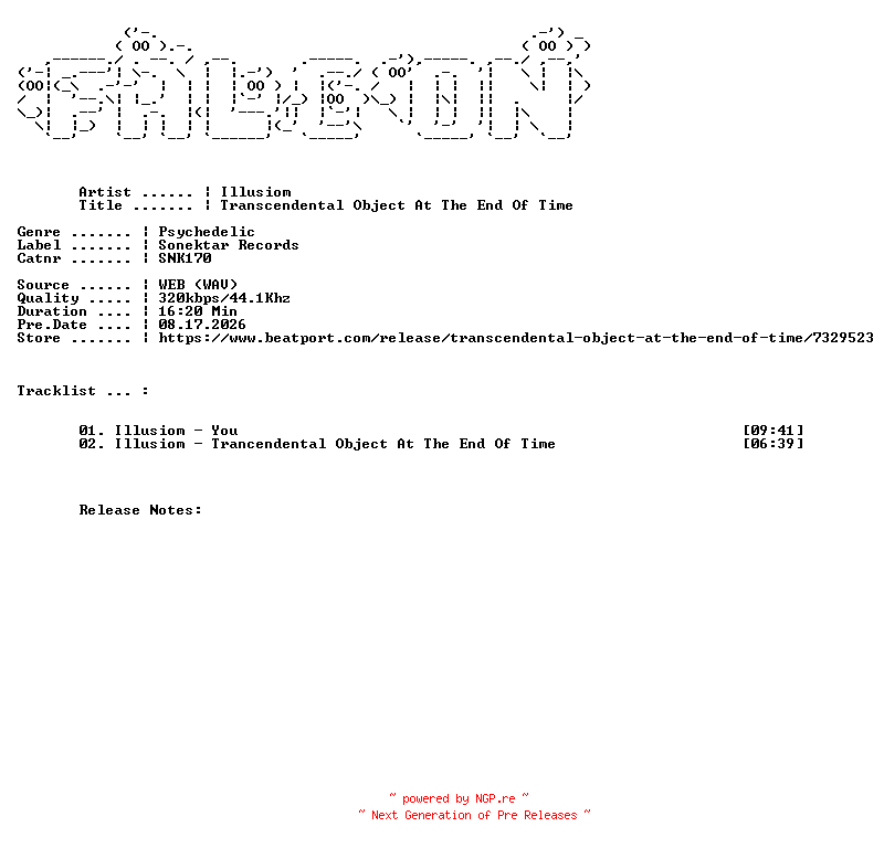 NFO for the release Illusiom-Transcendental_Object_At_The_End_Of_Time-(SNK170)-WEB-2026-FALCON by FALCON