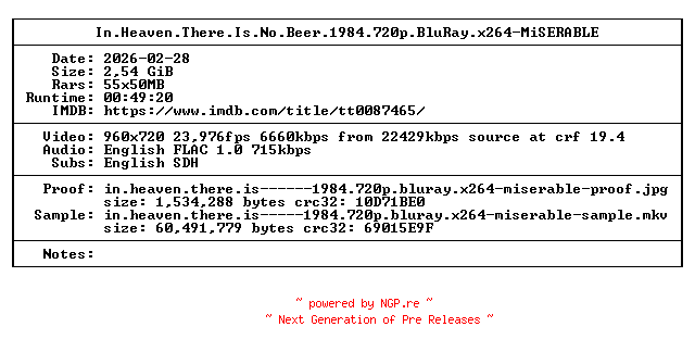 NFO for the release In.Heaven.There.Is.No.Beer.1984.720p.BluRay.x264-MiSERABLE by MiSERABLE